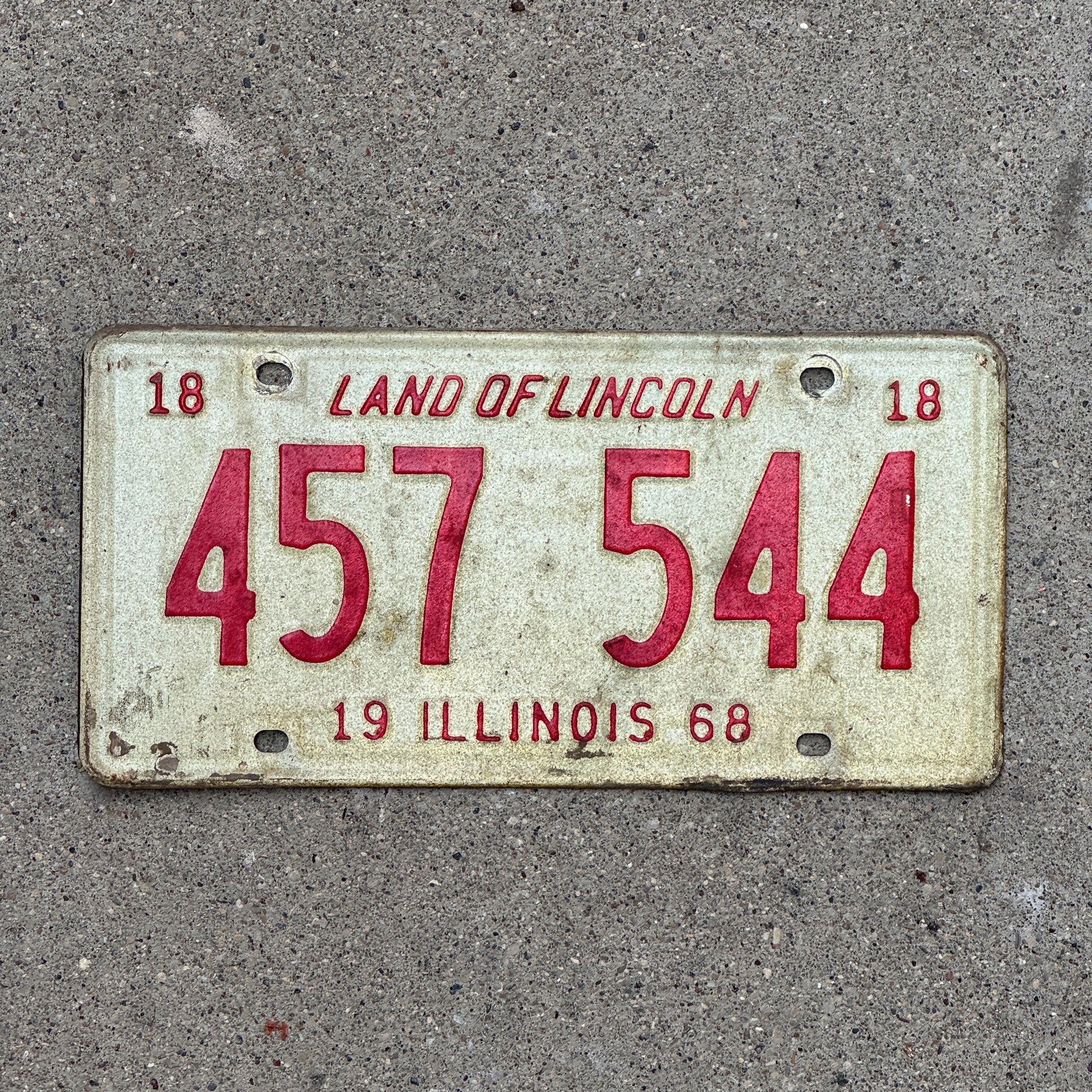 Photo of a 1968 Illinois License Plate Auto Tag 1 Vintage Garage 457 544 with original patina