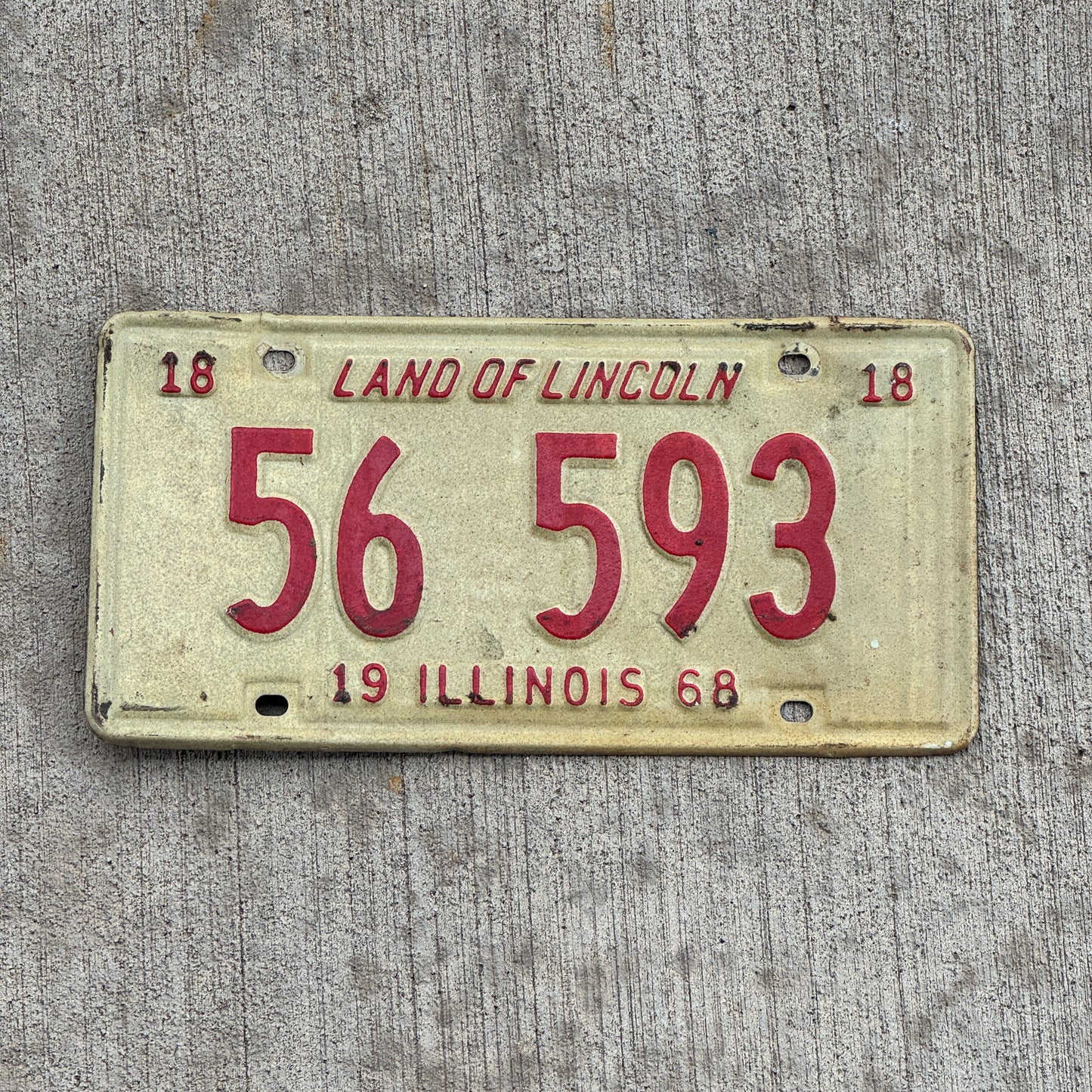 Photo of a 1968 Illinois License Plate Auto Tag 1 Vintage Garage 56 593 with original patina