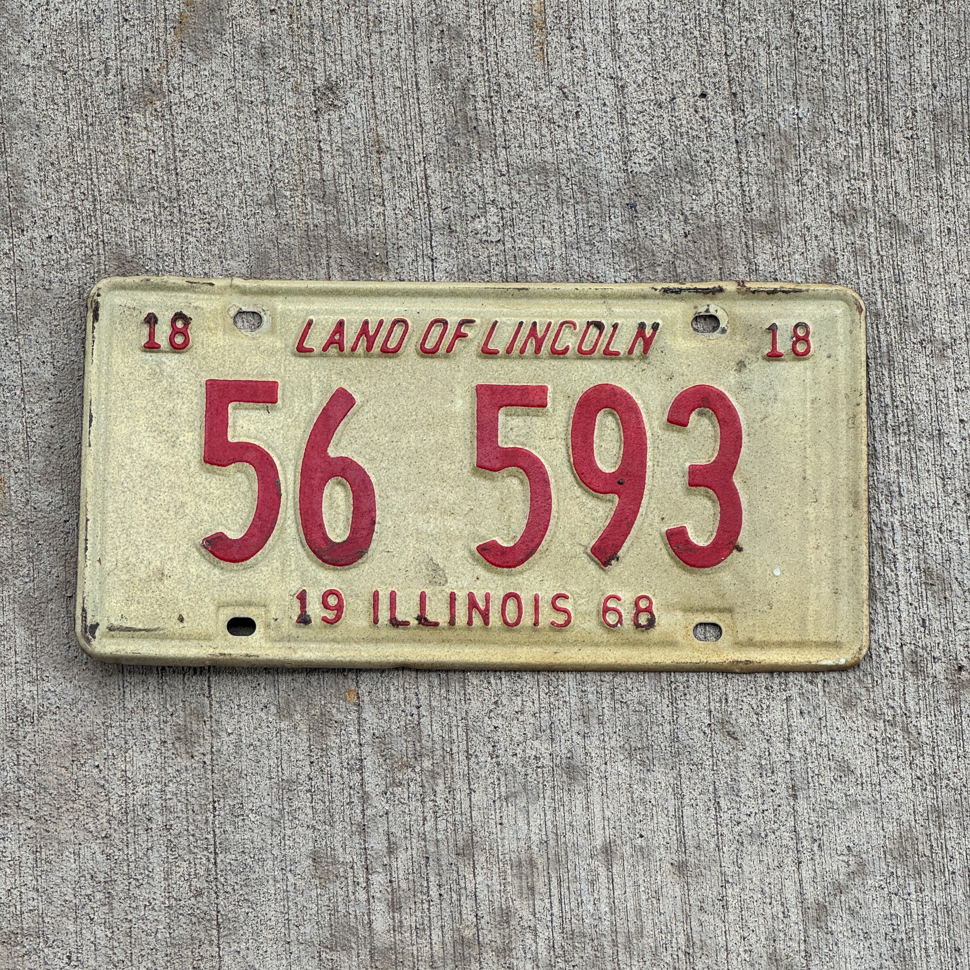 Photo of a 1968 Illinois License Plate Auto Tag 1 Vintage Garage 56 593 with original patina