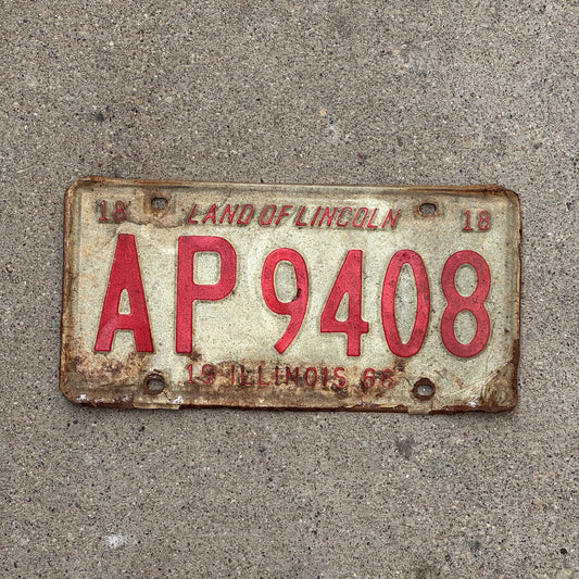 Photo of a 1968 Illinois License Plate Auto Tag 1 Vintage Garage AP 9408 with original patina