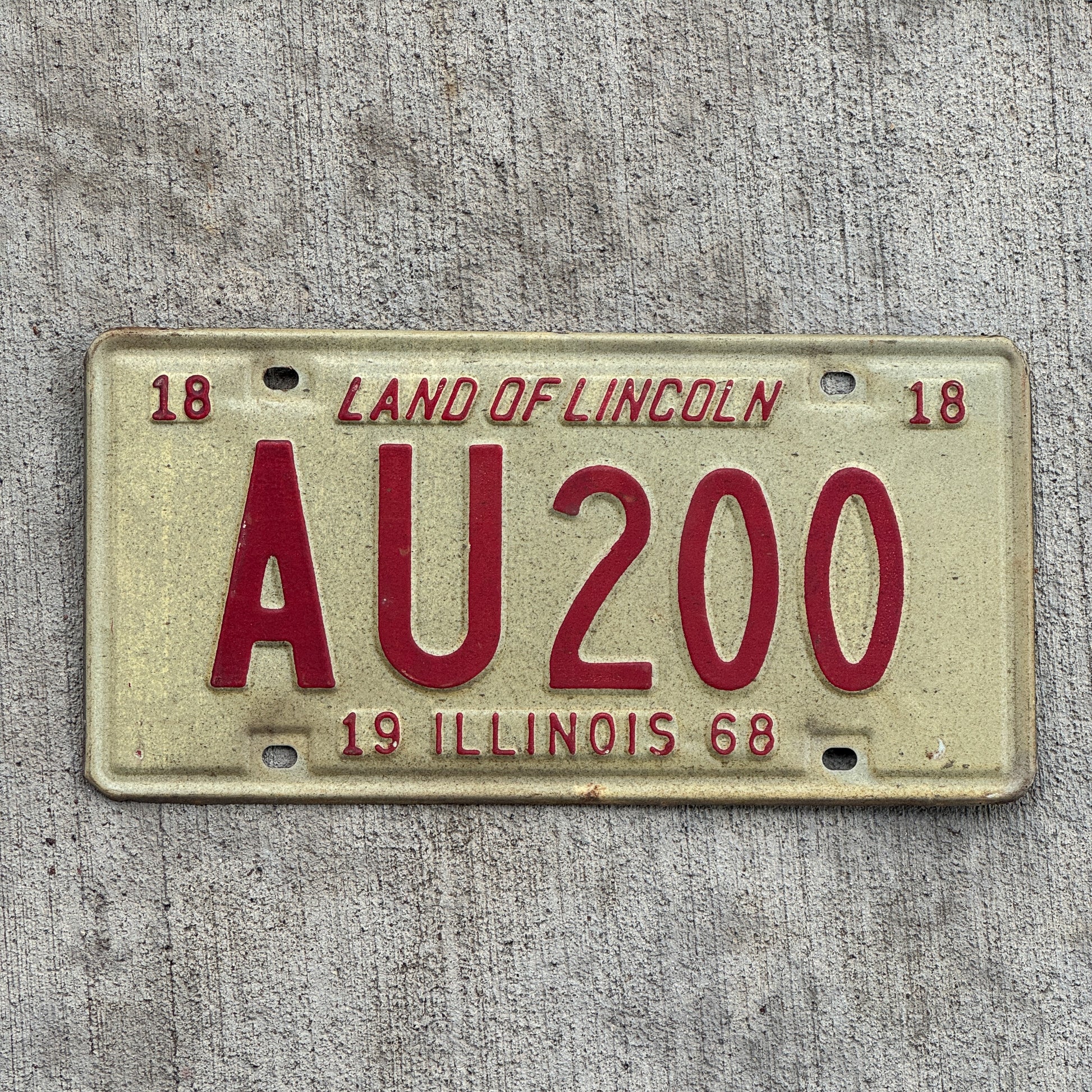 Photo of a 1968 Illinois License Plate Auto Tag 1 Vintage Garage AU 200 with original patina