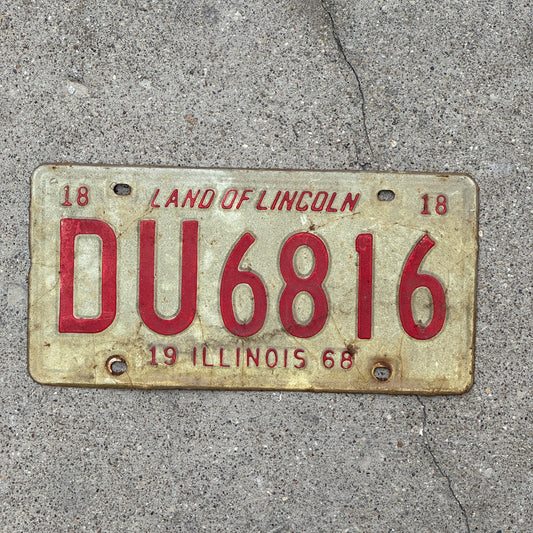 Photo of a 1968 Illinois License Plate Auto Tag 1 Vintage Garage DU 6816 with original patina