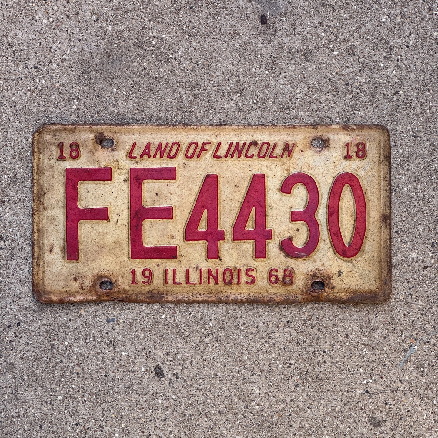Photo of a 1968 Illinois License Plate Auto Tag 1 Vintage Garage FE 4430 with original patina
