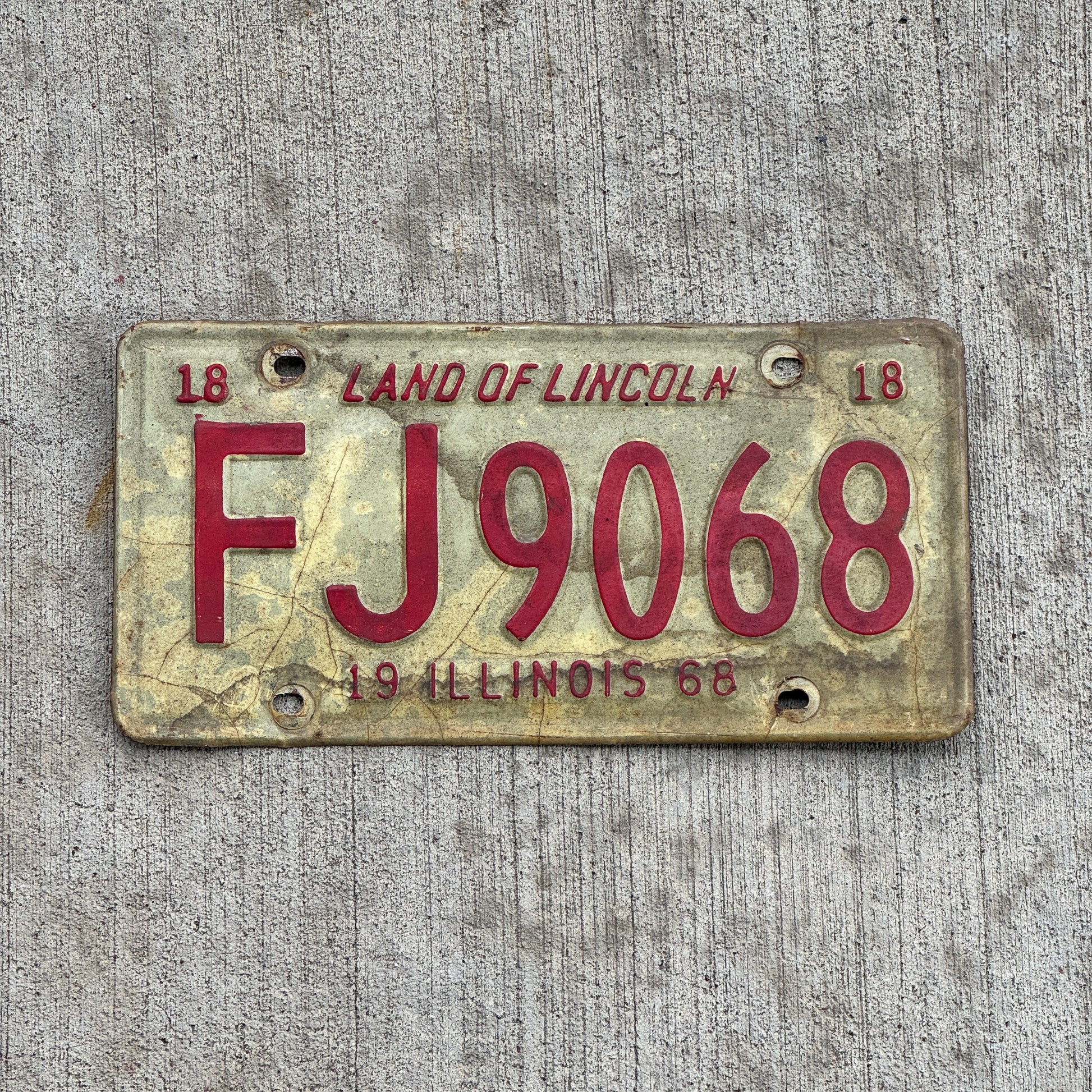 Photo of a 1968 Illinois License Plate Auto Tag 1 Vintage Garage FJ 9068 with original patina