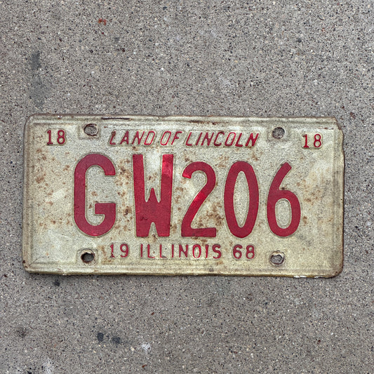 Photo of a 1968 Illinois License Plate Auto Tag 1 Vintage Garage GW 206 with original patina