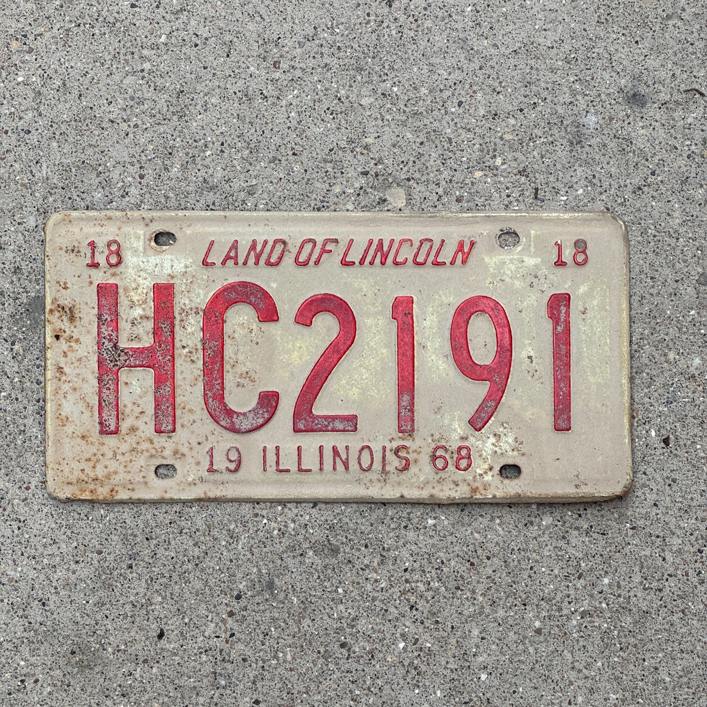 Photo of a 1968 Illinois License Plate Auto Tag 1 Vintage Garage HC 2191 with original patina