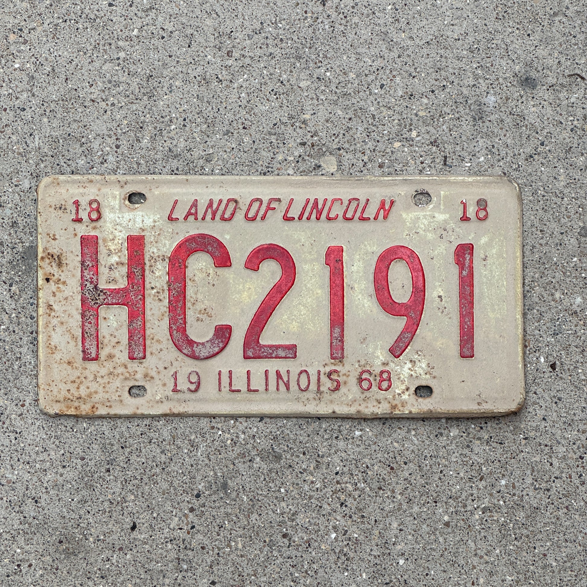 Photo of a 1968 Illinois License Plate Auto Tag 1 Vintage Garage HC 2191 with original patina