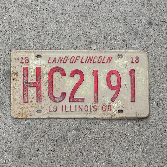 Photo of a 1968 Illinois License Plate Auto Tag 1 Vintage Garage HC 2191 with original patina
