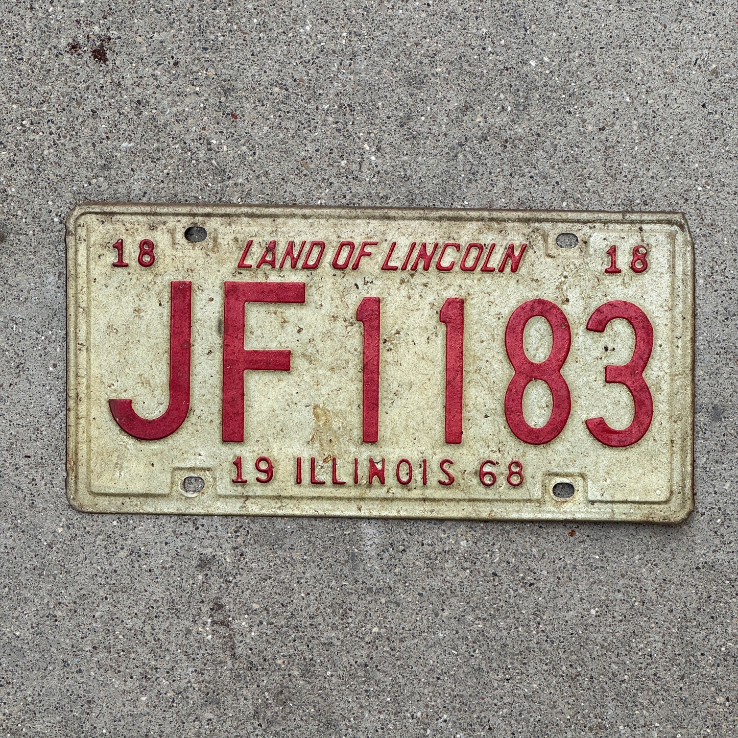 Photo of a 1968 Illinois License Plate Auto Tag 1 Vintage Garage JF 1183 with original patina