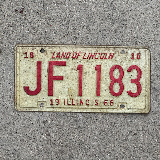 Photo of a 1968 Illinois License Plate Auto Tag 1 Vintage Garage JF 1183 with original patina