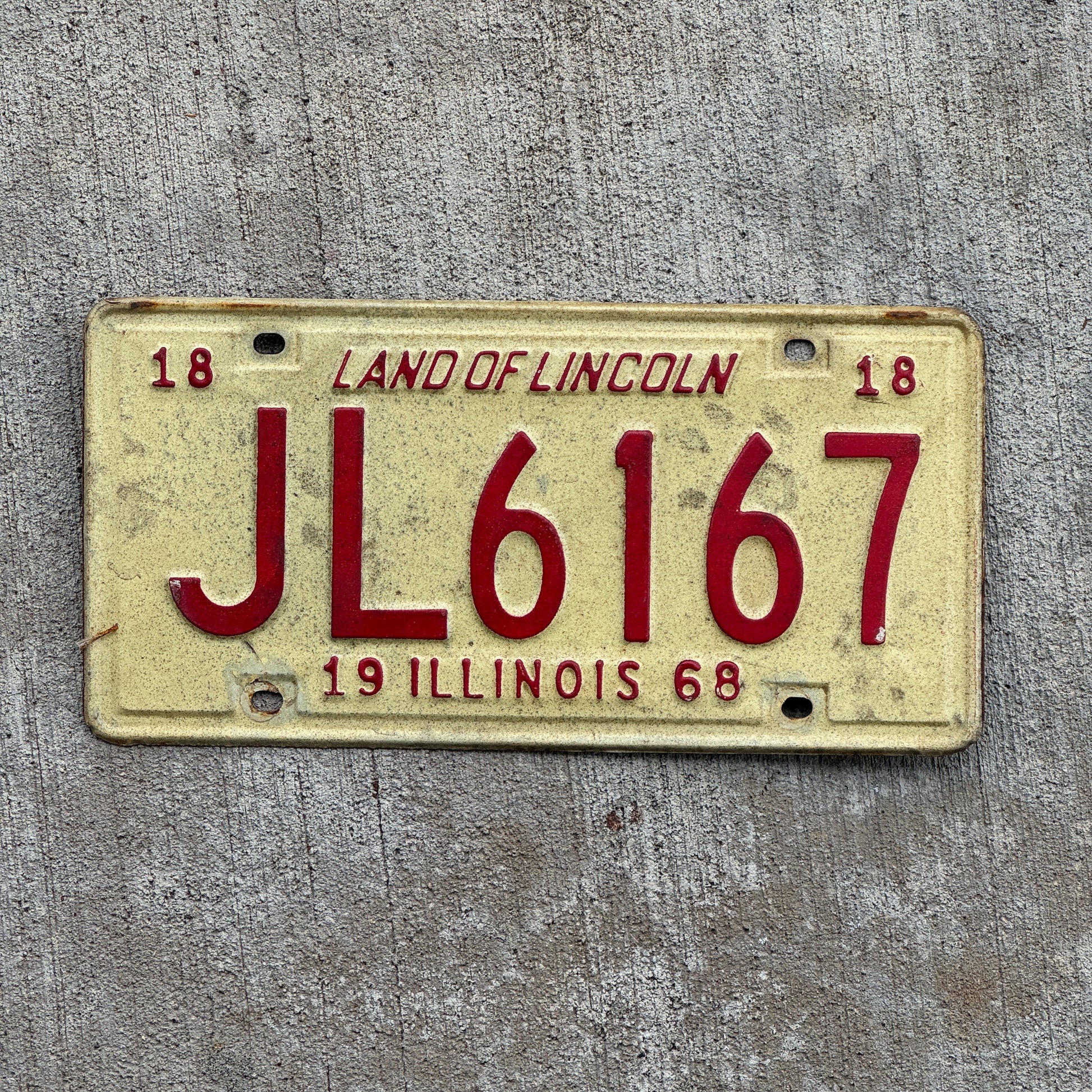 Photo of a 1968 Illinois License Plate Auto Tag 1 Vintage Garage JL 6167 with original patina