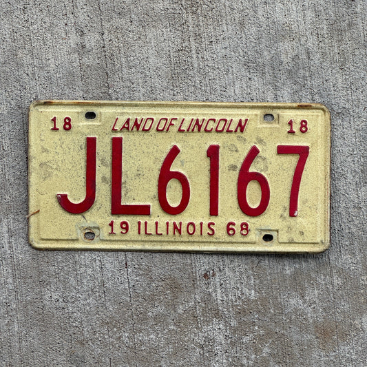 Photo of a 1968 Illinois License Plate Auto Tag 1 Vintage Garage JL 6167 with original patina