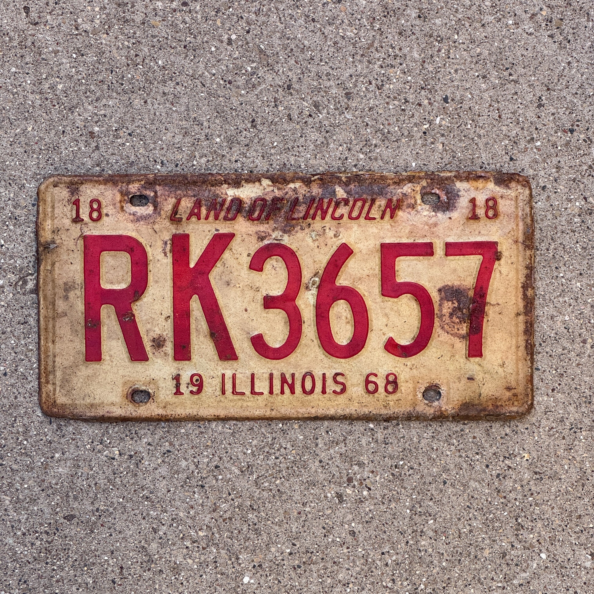 Photo of a 1968 Illinois License Plate Auto Tag 1 Vintage Garage RK 3657 with original patina