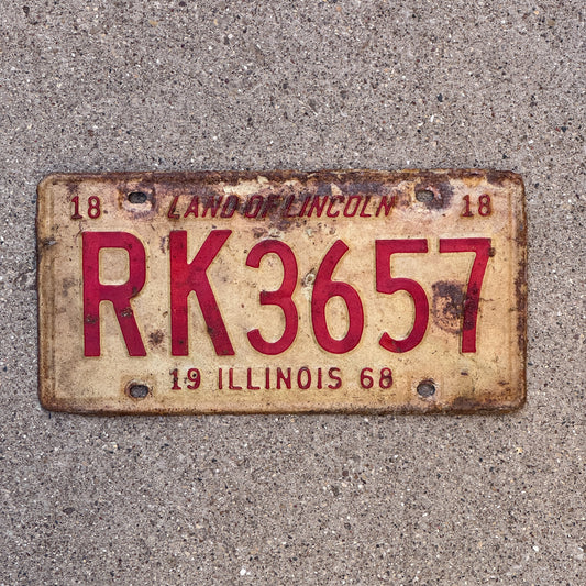 Photo of a 1968 Illinois License Plate Auto Tag 1 Vintage Garage RK 3657 with original patina