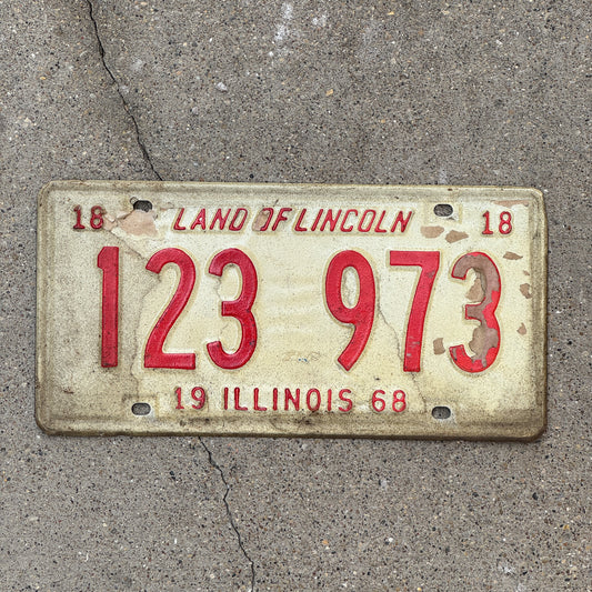 Photo of a 1968 Illinois License Plate Auto Tag 2 Vintage Garage 123 973 with original patina