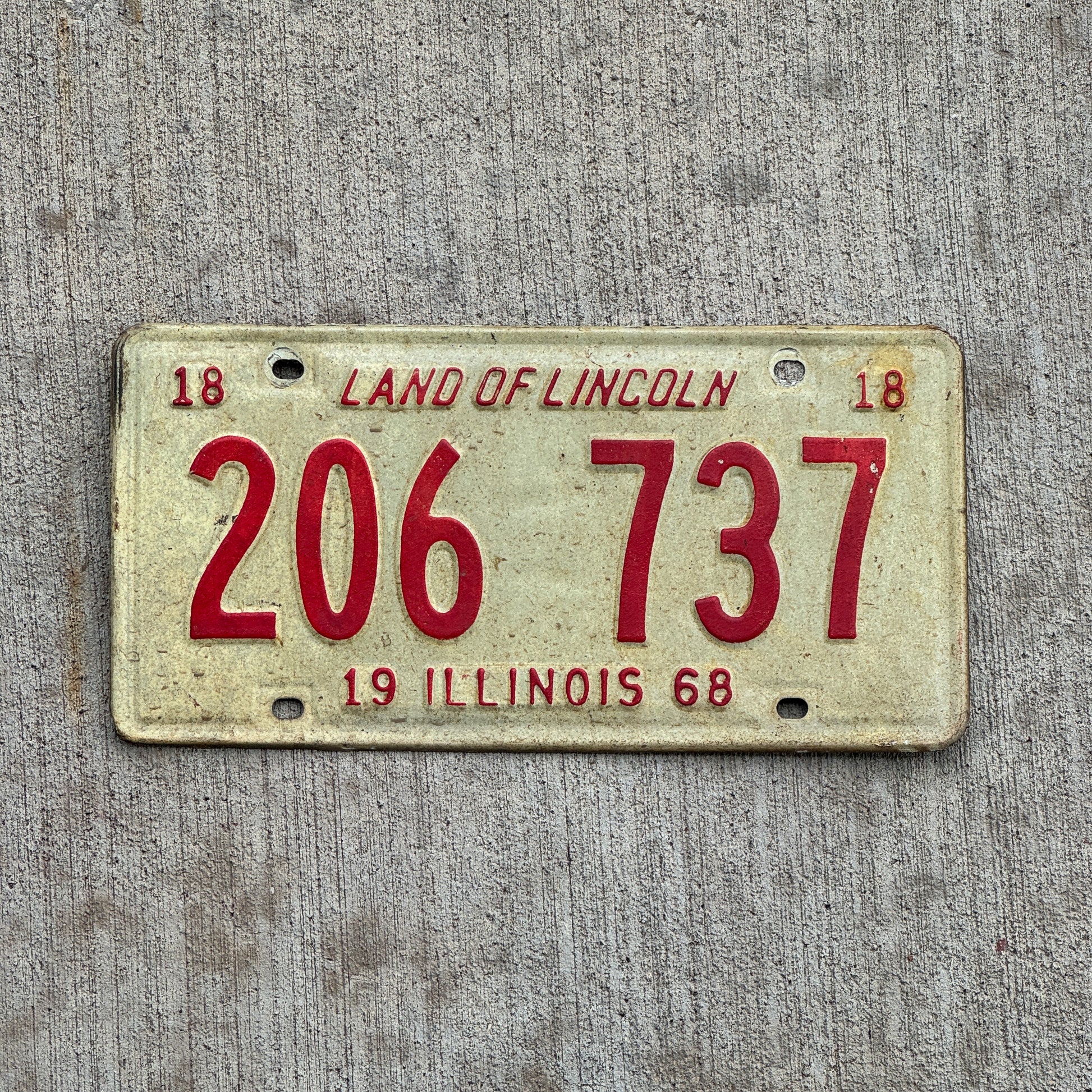 Photo of a 1968 Illinois License Plate Auto Tag 2 Vintage Garage 206 737 with original patina