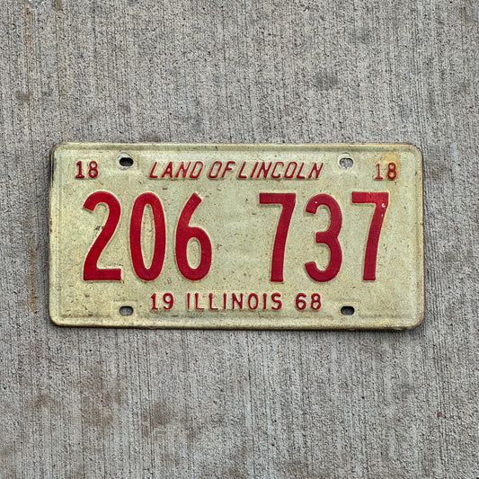 Photo of a 1968 Illinois License Plate Auto Tag 2 Vintage Garage 206 737 with original patina