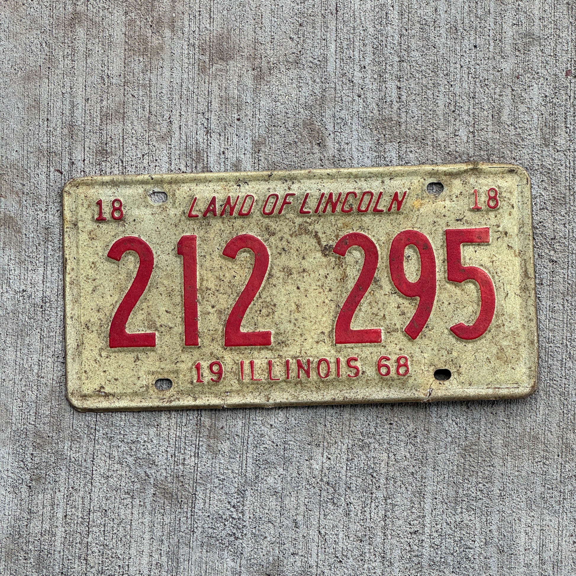 Photo of a 1968 Illinois License Plate Auto Tag 2 Vintage Garage 212 295 with original patina