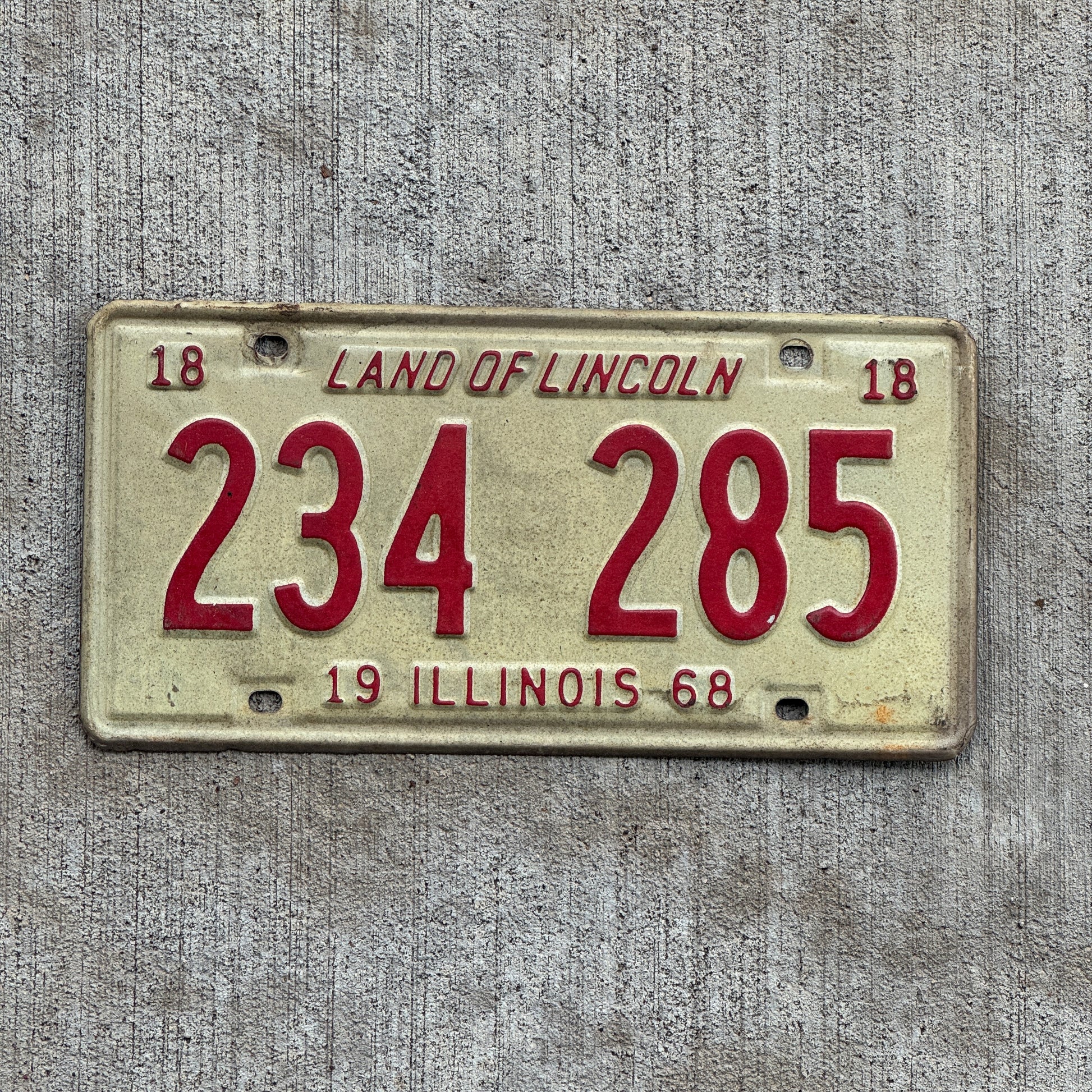 Photo of a 1968 Illinois License Plate Auto Tag 2 Vintage Garage 234 285 with original patina