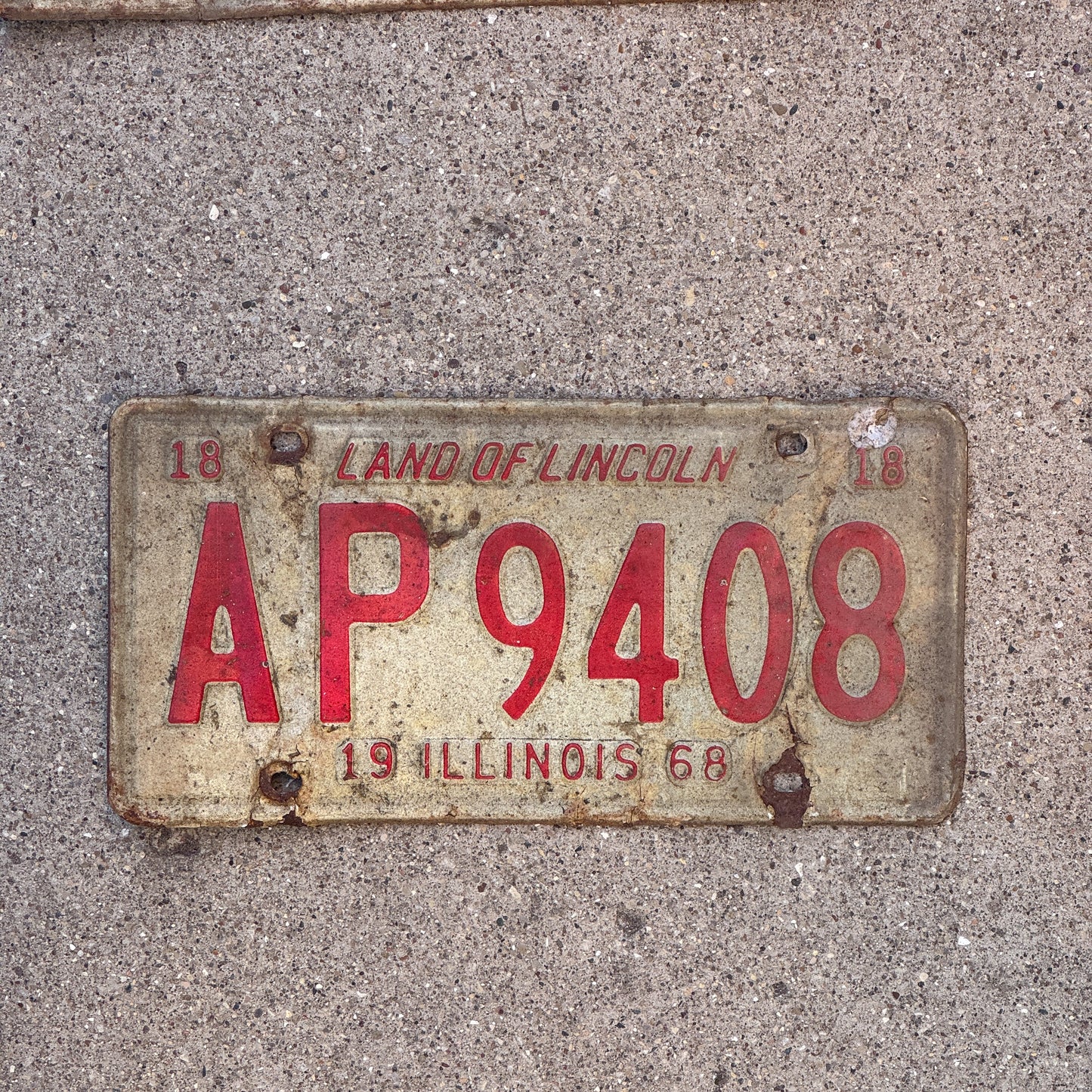 Photo of a 1968 Illinois License Plate Auto Tag 2 Vintage Garage AP 9408 with original patina