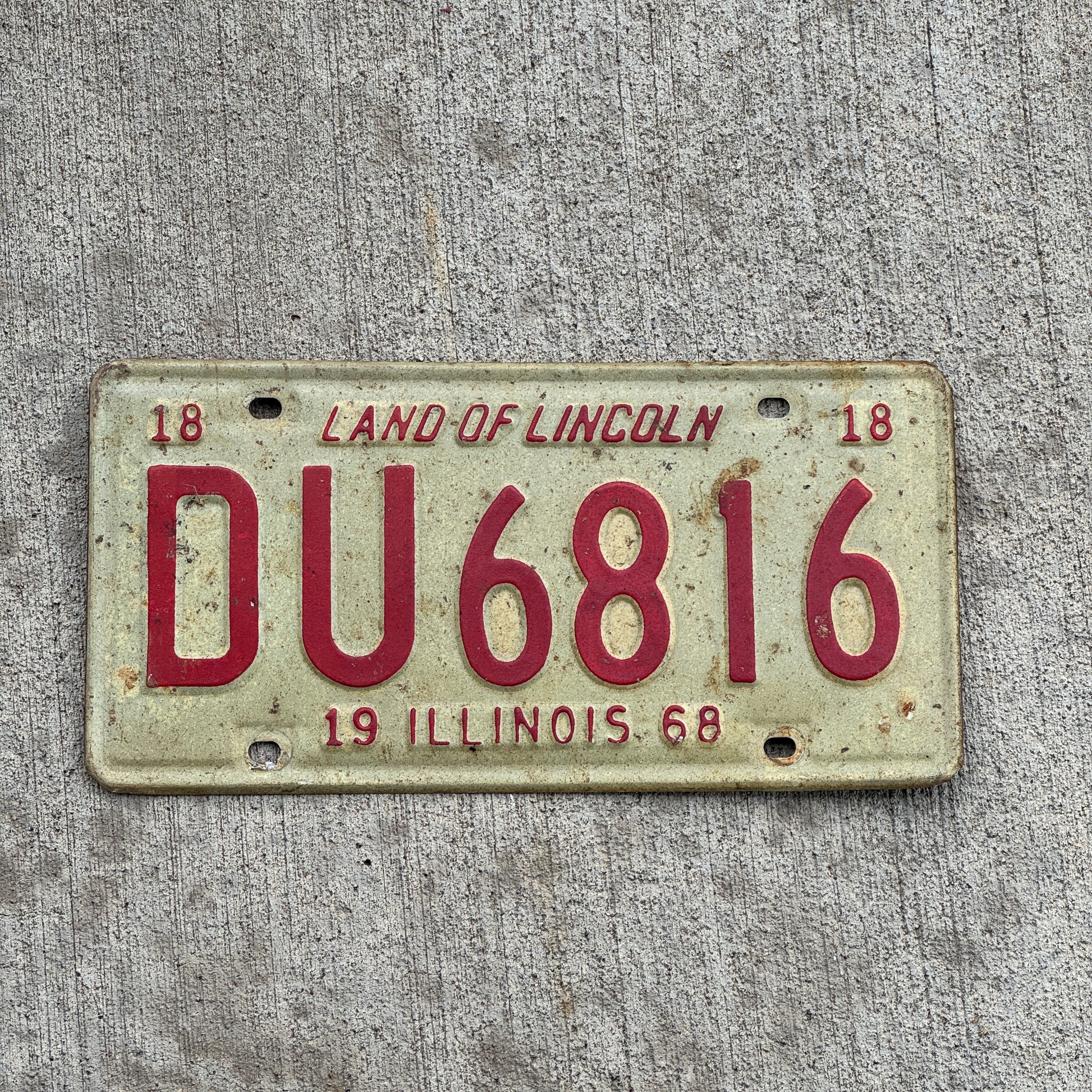 Photo of a 1968 Illinois License Plate Auto Tag 2 Vintage Garage DU 6816 with original patina