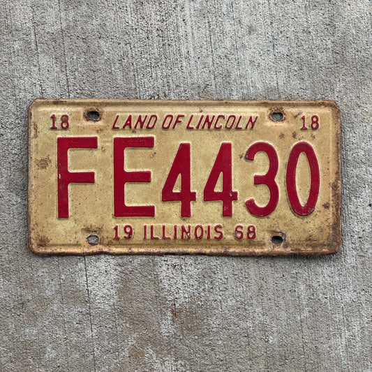 Photo of a 1968 Illinois License Plate Auto Tag 2 Vintage Garage FE 4430 with original patina