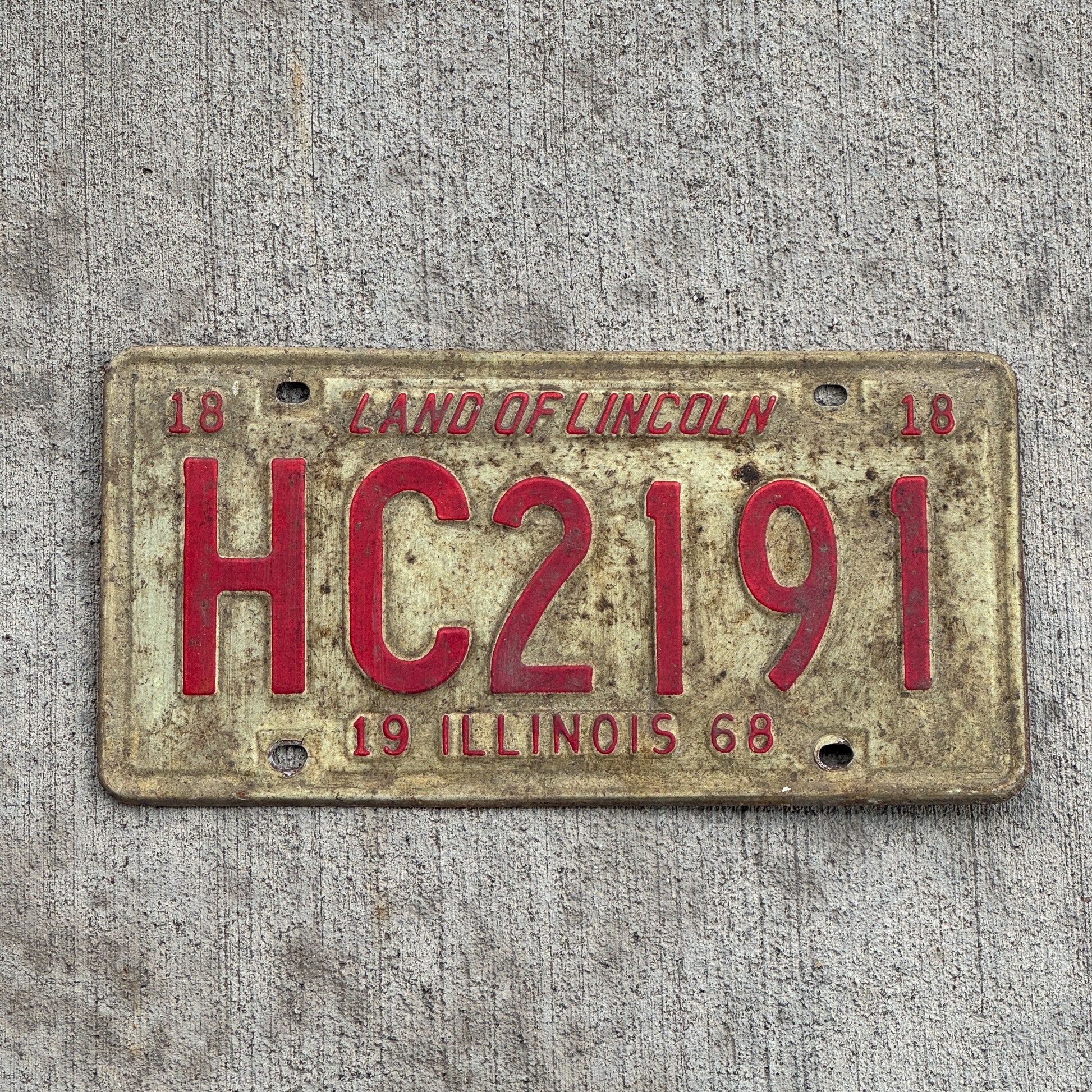Photo of a 1968 Illinois License Plate Auto Tag 2 Vintage Garage HC 2191 with original patina