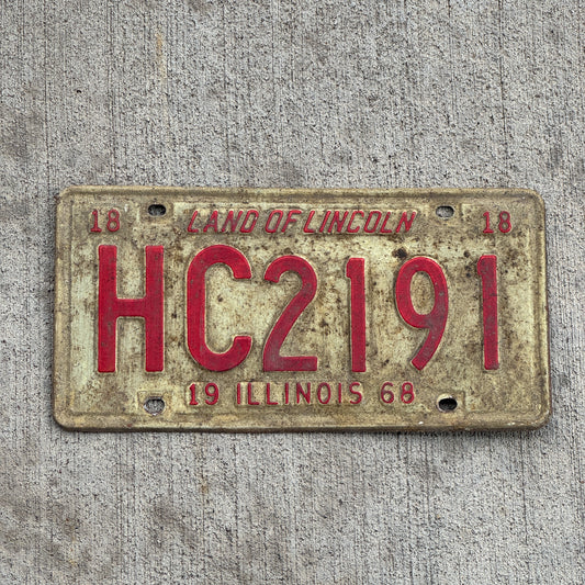 Photo of a 1968 Illinois License Plate Auto Tag 2 Vintage Garage HC 2191 with original patina