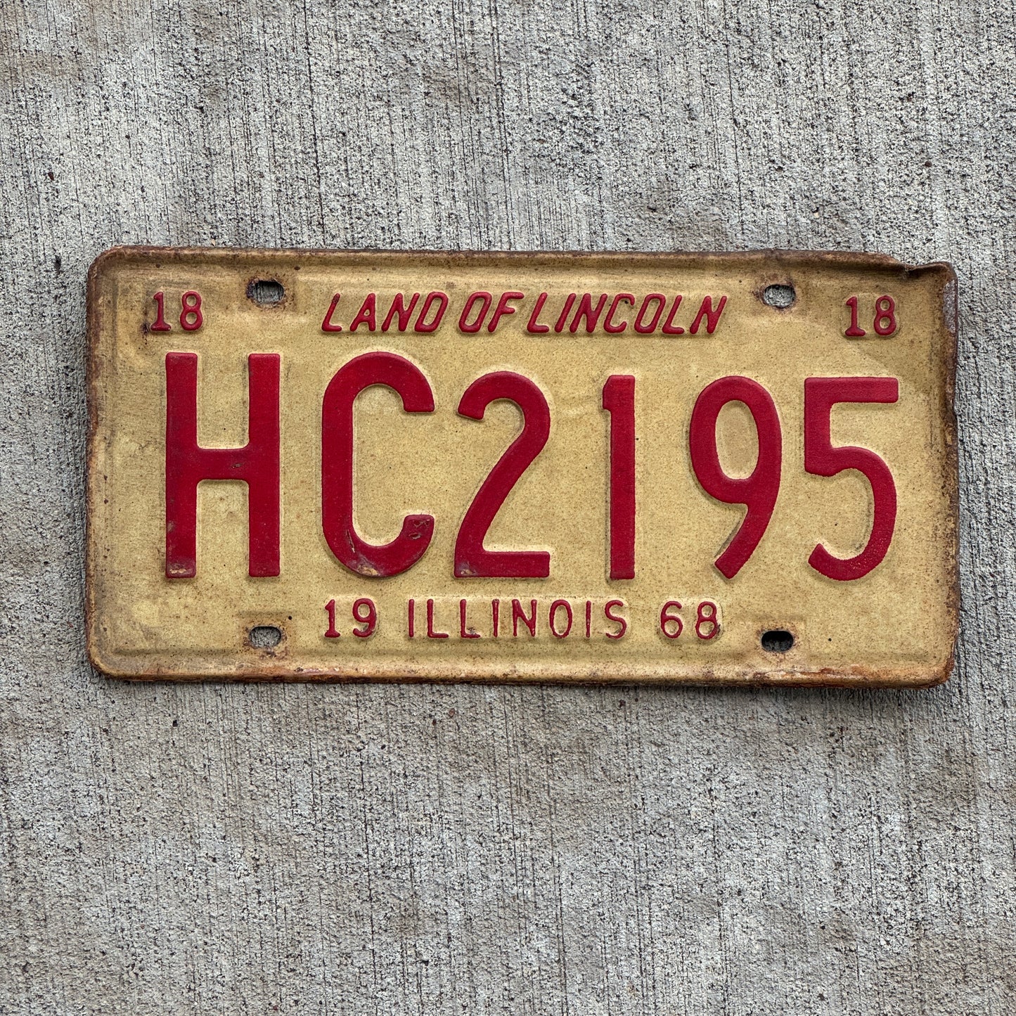 Photo of a 1968 Illinois License Plate Auto Tag 2 Vintage Garage HC 2195 with original patina
