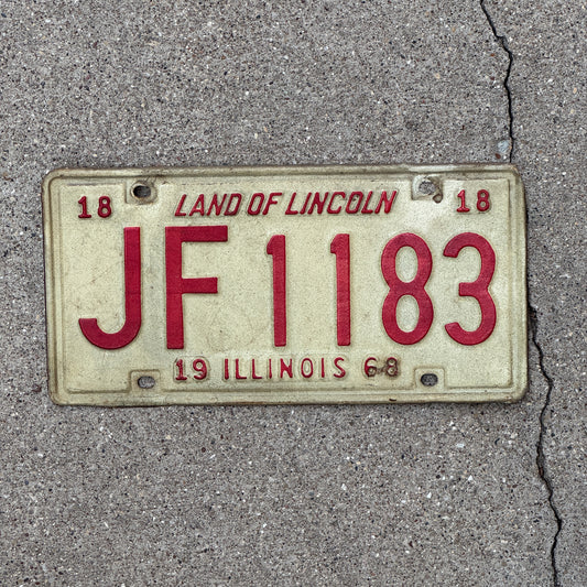 Photo of a 1968 Illinois License Plate Auto Tag 2 Vintage Garage JF 1183 with original patina