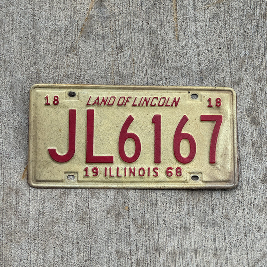 Photo of a 1968 Illinois License Plate Auto Tag 2 Vintage Garage JL 6167 with original patina