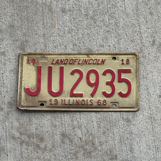 Photo of a 1968 Illinois License Plate Auto Tag 2 Vintage Garage JU 2935 with original patina