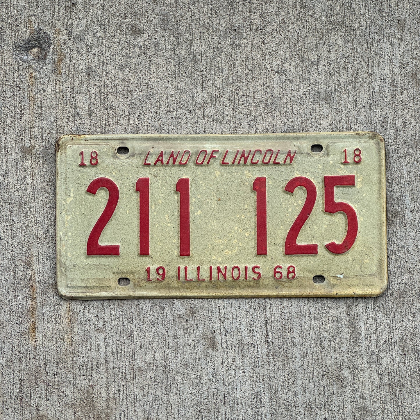 Photo of a 1968 Illinois License Plate Auto Tag 2 Vintage Garage Repeat Repeating 211 125 with original patina
