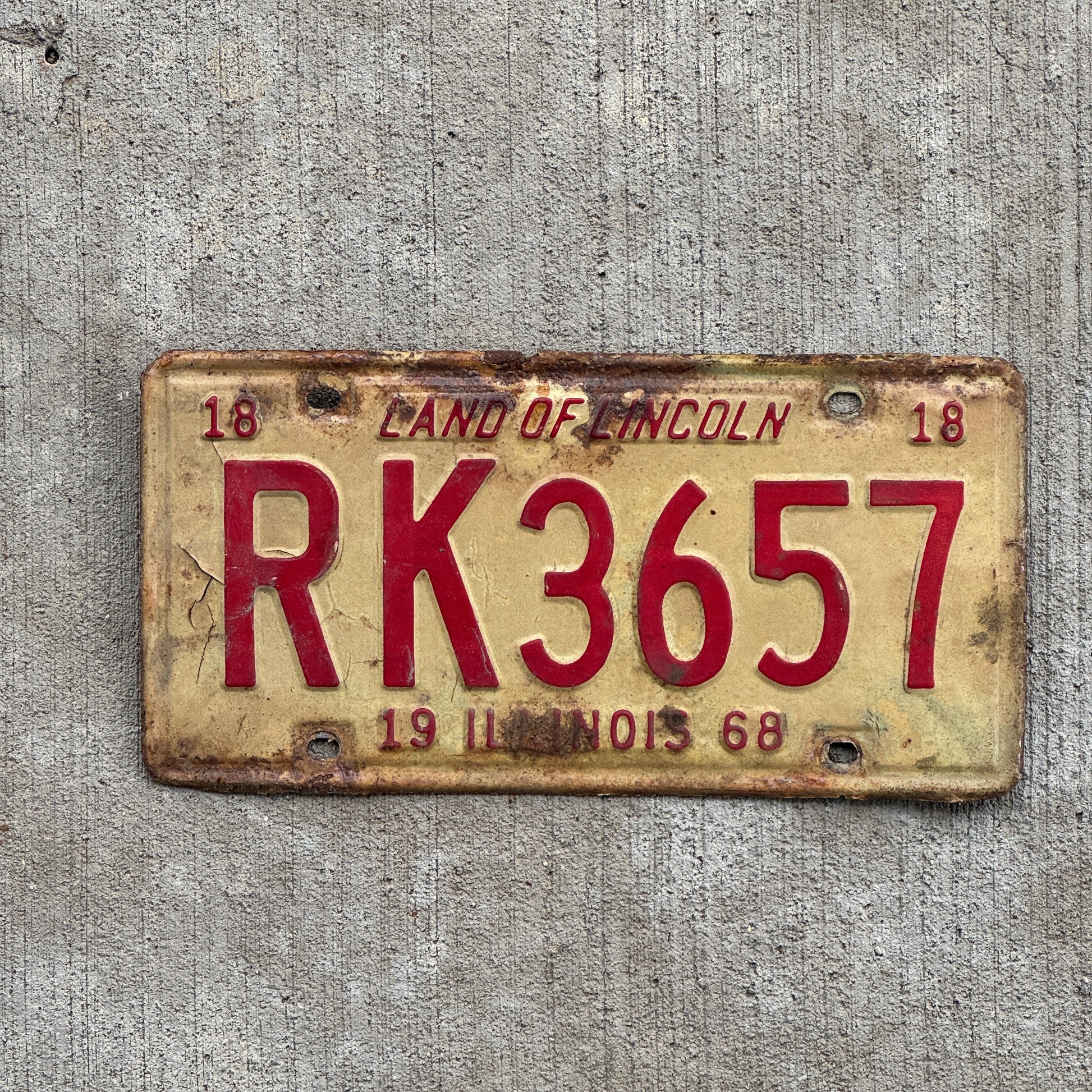 Photo of a 1968 Illinois License Plate Auto Tag 2 Vintage Garage RK 3657 with original patina