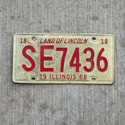 Photo of a 1968 Illinois License Plate Auto Tag 2 Vintage Garage SE 7436 with original patina