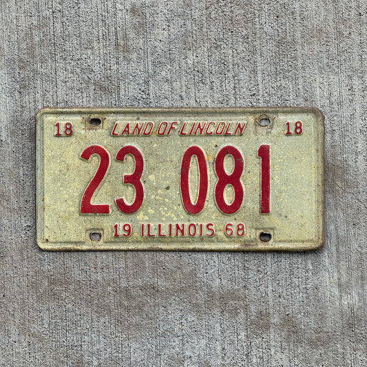 Photo of a 1968 Illinois License Plate Auto Tag Garage Decor Vintage 23 081 with original patina