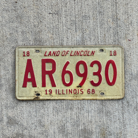 Photo of a 1968 Illinois License Plate Auto Tag Garage Decor Vintage AR 6930 with original patina