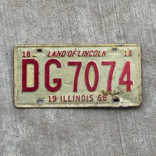 Photo of a 1968 Illinois License Plate Auto Tag Garage Decor Vintage DG 7074 with original patina