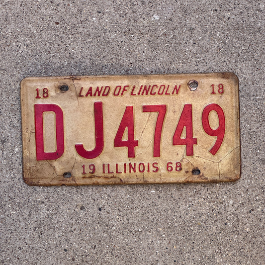 Photo of a 1968 Illinois License Plate Auto Tag Garage Decor Vintage DJ 4749 with original patina