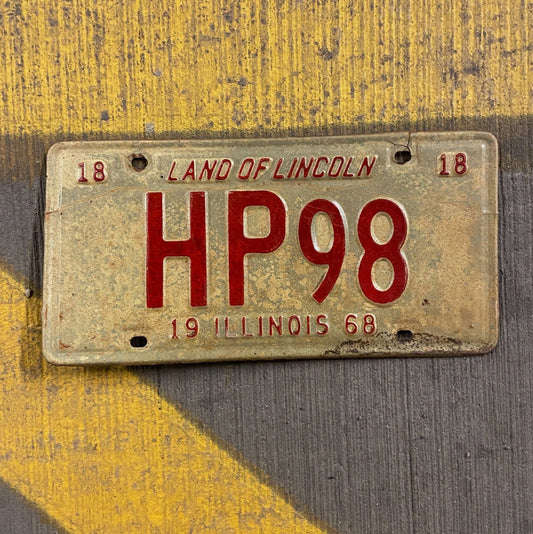 Photo of a 1968 Illinois License Plate Auto Tag Garage Decor Vintage HP 98 with original patina
