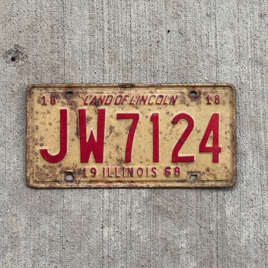 Photo of a 1968 Illinois License Plate Auto Tag Garage Decor Vintage JW 7124 with original patina