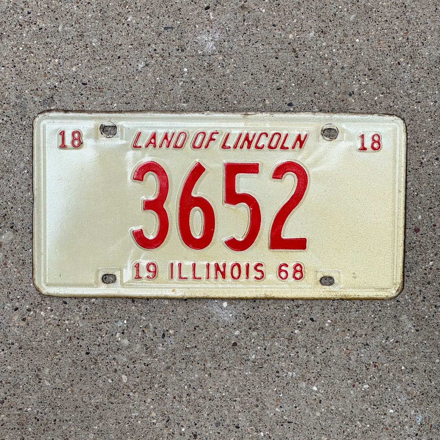 Photo of a 1968 Illinois License Plate Auto Tag Garage Decor Vintage Low Number Four Digit 3652 with original patina