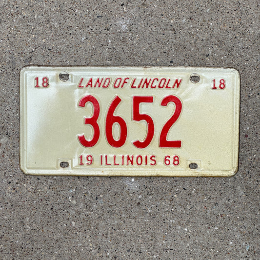 Photo of a 1968 Illinois License Plate Auto Tag Garage Decor Vintage Low Number Four Digit 3652 with original patina