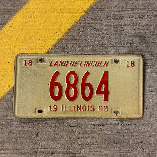 Photo of a 1968 Illinois License Plate Auto Tag Garage Decor Vintage Low Number Four Digit 6864 with original patina