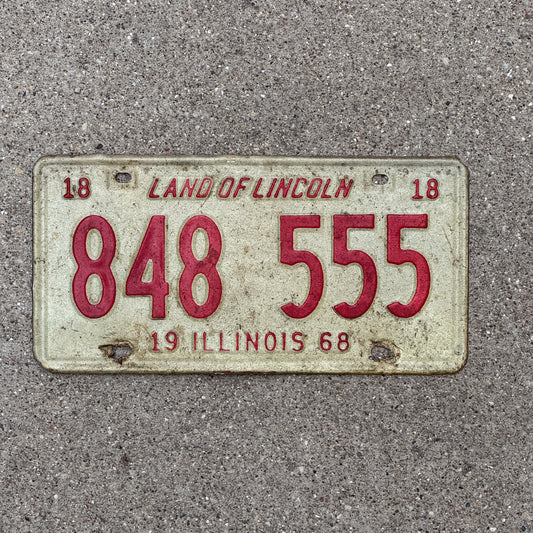 Photo of a 1968 Illinois License Plate Auto Tag Garage Decor Vintage Repeat Repeating 848 555 with original patina