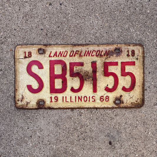 Photo of a 1968 Illinois License Plate Auto Tag Garage Decor Vintage SB 5155 with original patina
