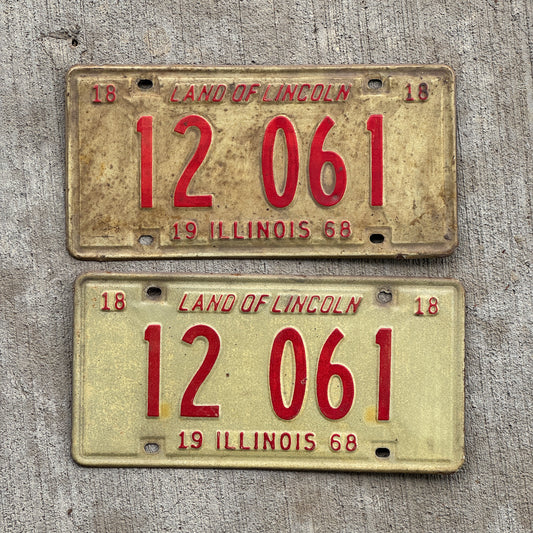 Photo of a 1968 Illinois License Plate Pair Auto Tag Garage Decor Vintage 12 061 with original patina