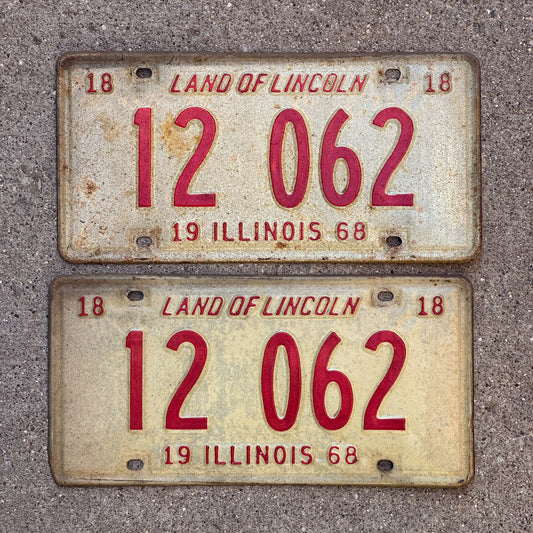 Photo of a 1968 Illinois License Plate Pair Auto Tag Garage Decor Vintage 12 062 with original patina