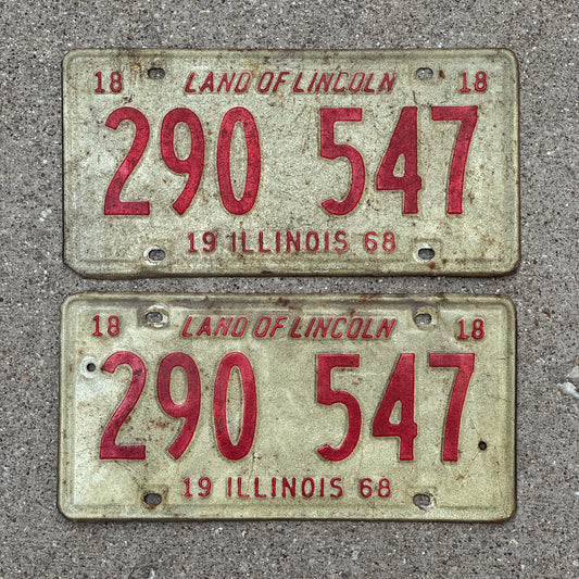 Photo of a 1968 Illinois License Plate Pair Auto Tag Garage Decor Vintage 290 547 with original patina