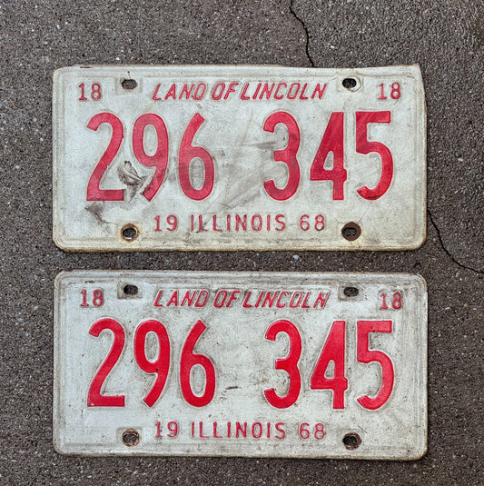 Photo of a 1968 Illinois License Plate Pair Auto Tag Garage Decor Vintage 296 345